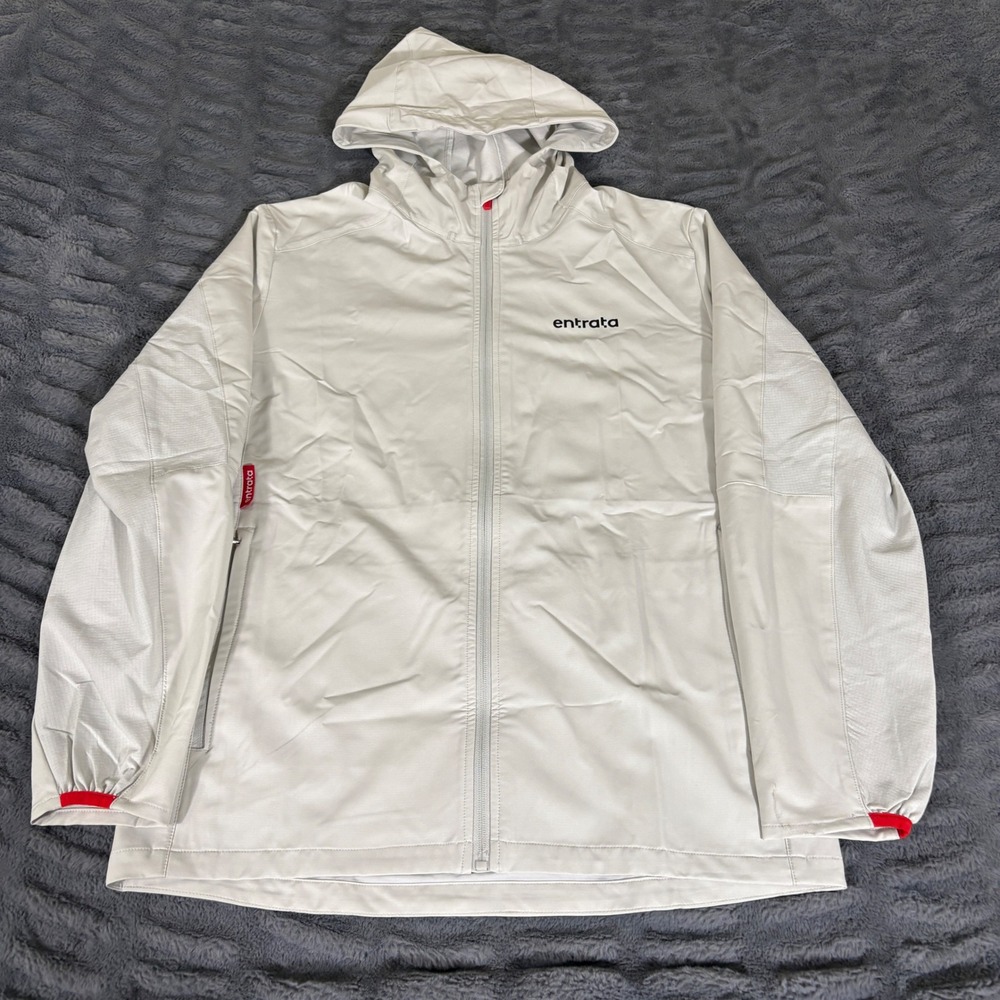 Entrata Mens Hooded Windbreaker Jacket Light Gray Size Medium Full Zip AT586